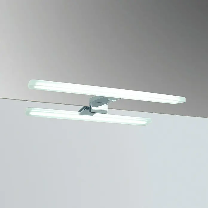 Aplique LED para espejo Round 30 cm - 7 W, Cromo, L x An x Al: 12,3 x 30 x 3,4 cm - La imagen muestra una moderna lámpara de baño LED de dos niveles con detalles cromados, que proporciona una iluminación brillante y elegante.