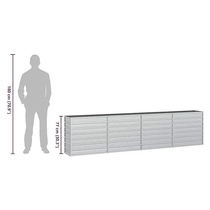 Furnicato Hochbeet - 320 x 40 x 77 cm, Stahl, Silber - Langer, niedriger grauer Metallschrank mit mehreren Fächern, zur Größenreferenz neben einer Person dargestellt.