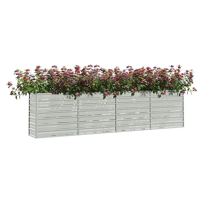Furnicato Hochbeet - 320 x 40 x 77 cm, Stahl, Silber - Langes, hellgraues Lamellen-Pflanzgefäß mit leuchtend roten und violetten Blumen.
