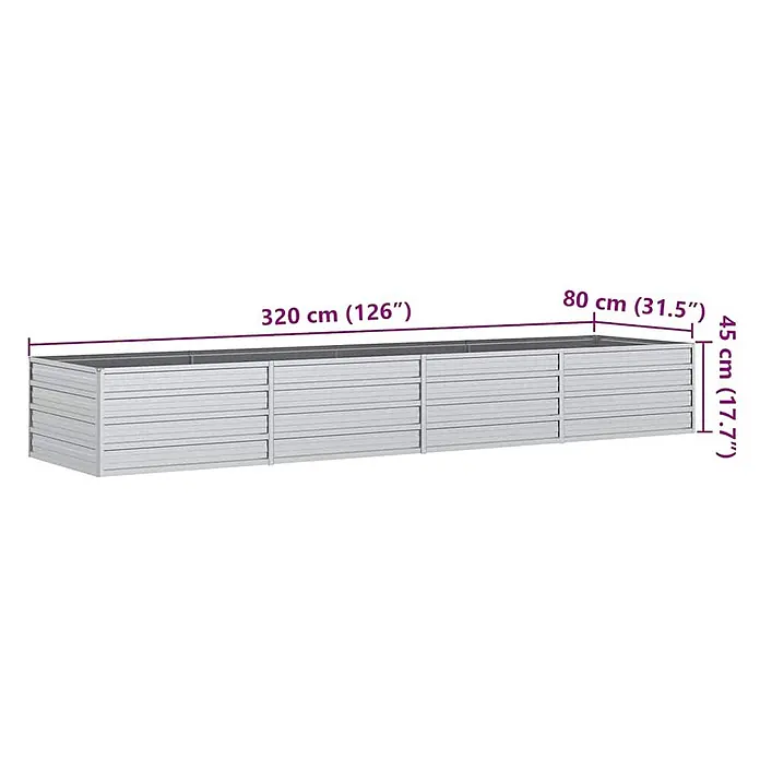 Furnicato Hochbeet - 320 x 80 x 45 cm, Stahl, Silber - Ein langes, silbernes Hochbeet aus Metall, 320 cm lang, 80 cm breit und 45 cm hoch, zum Bepflanzen im Freien.