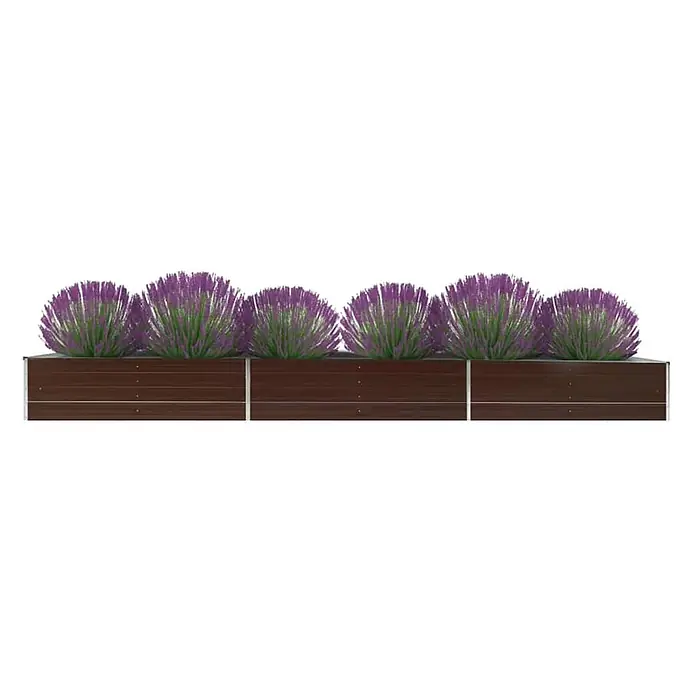 Furnicato Hochbeet - 480 x 80 x 45 cm, Stahl, Braun - Modulares Hochbeet in dunkler Holzoptik mit silbernen Rahmen, gefüllt mit leuchtend lila und grünen Pflanzen.