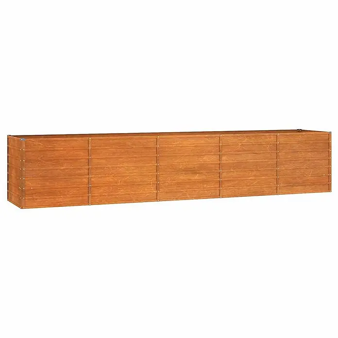 Furnicato Hochbeet - 400 x 80 x 77 cm, Stahl, Braun - Langer, rechteckiger brauner Pflanzkasten aus Holz mit Lamellenoptik und Metallbefestigungen.