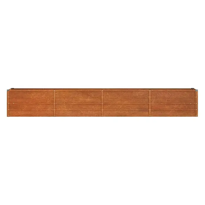 Furnicato Hochbeet - 320 x 40 x 45 cm, Stahl, Braun - Langer Pflanzkasten aus rotbraunem Holz mit vertikalen Streben und Metallbeschlägen an den Ecken.