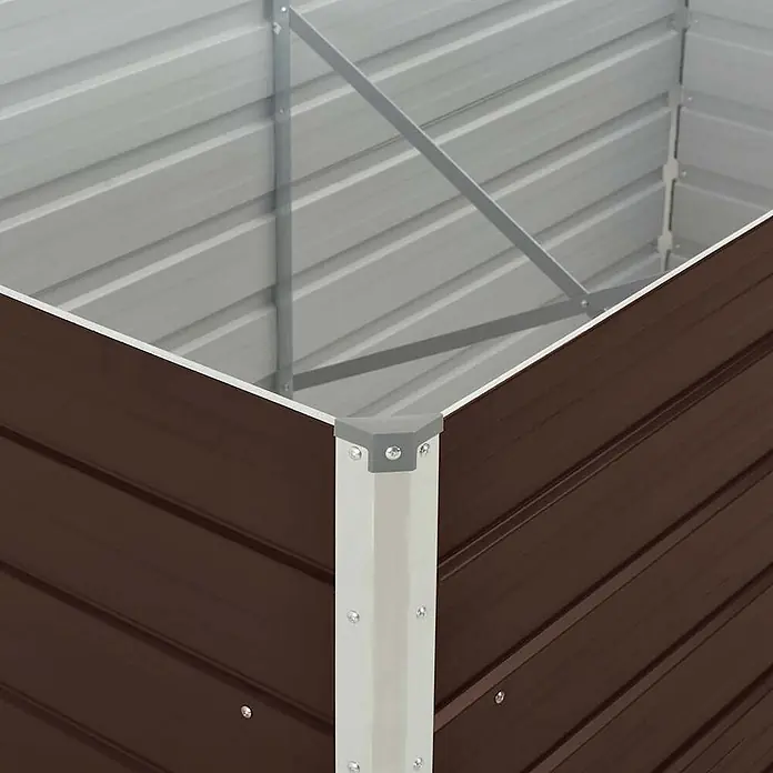 Furnicato Hochbeet - 160 x 80 x 45 cm, Metall, Braun - Nahaufnahme einer braunen Pflanzbeet-Ecke aus Wellblech mit hellgrauer Innenseite und Pfosten.