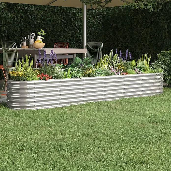 Furnicato Hochbeet - 260 x 40 x 36 cm, Stahl, Silber - Langes, silbernes Hochbeet aus Wellblech, gefüllt mit bunten Blumen und Pflanzen.