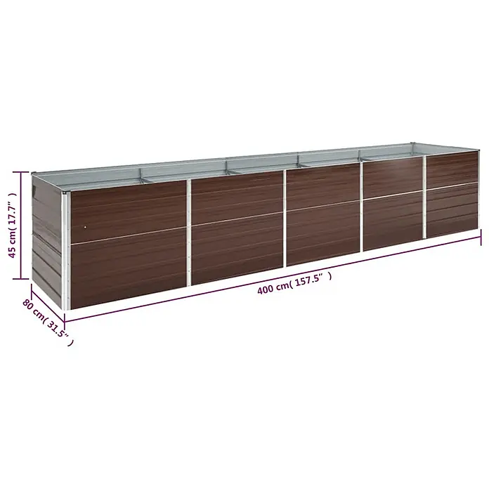 Furnicato Hochbeet verzinkter Stahl - 400 x 80 x 45 cm, Stahl, Braun - Langes, braunes Hochbeet aus Metall mit silbernen Akzenten und Maßen.