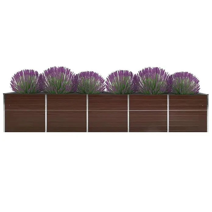 Furnicato Hochbeet verzinkter Stahl - 400 x 80 x 45 cm, Stahl, Braun - Dunkelbrauner Blumenkasten im Dielen-Stil mit silbernen Trennwänden, bepflanzt mit lila Blütenpflanzen.