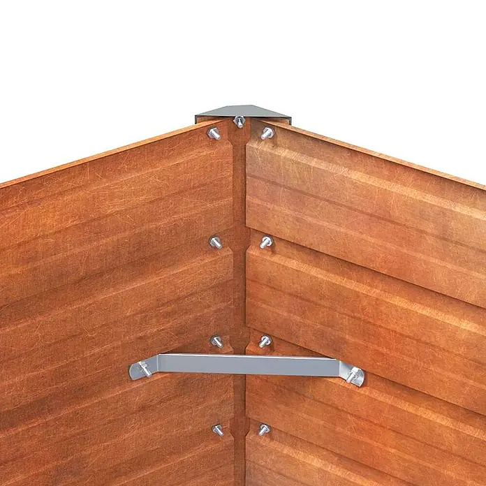 Furnicato Hochbeet - 100 x 100 x 45 cm, Stahl, Braun - Ecke eines braunen Hochbeets aus Holz, mit Metallschrauben, Eckkappe und innerer Verstrebung.