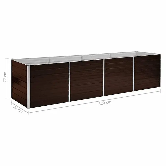 Furnicato Hochbeet - 80 x 320 x 77 cm, Stahl, Braun - Langes, rechteckiges Pflanzbeet aus braunem Metall mit silbernen Kanten, Maße angegeben.