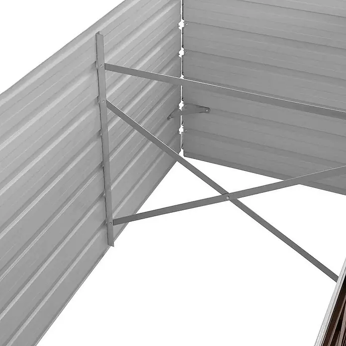 Furnicato Hochbeet - 80 x 320 x 77 cm, Stahl, Braun - Innenansicht des Daches oder der oberen Wand eines grauen Metallschuppens, mit Wellblechpaneelen und Verstrebungen.