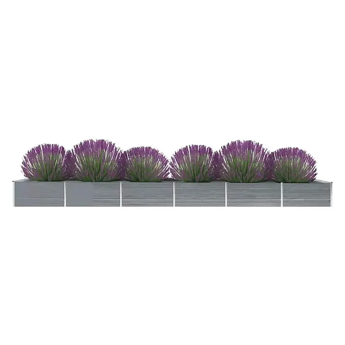 Furnicato Hochbeet - 600 x 80 x 45 cm, Stahl, Grau - Grauer, segmentierter Pflanzkasten mit sechs buschigen, violett-grünen Zierpflanzen.