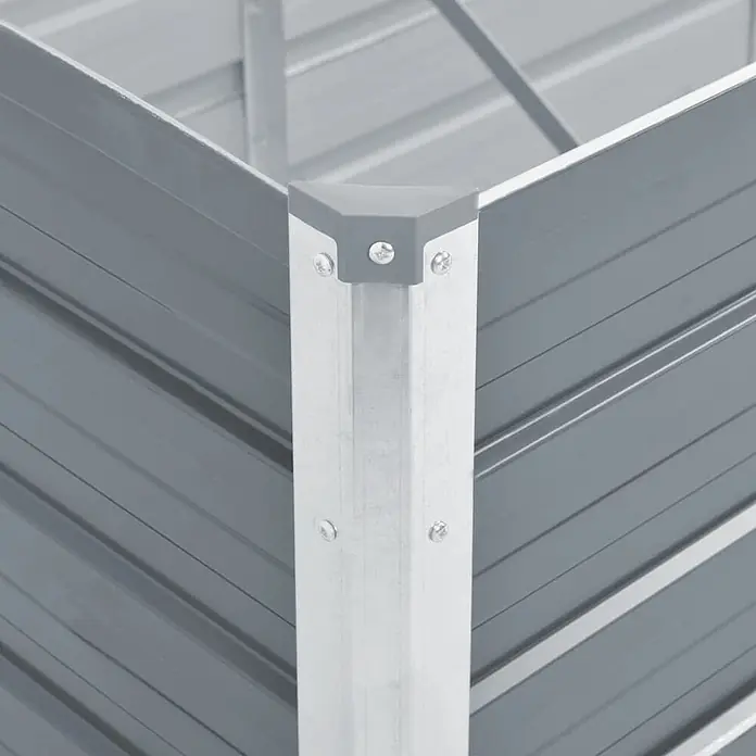 Furnicato Hochbeet - 100 x 40 x 77 cm, Stahl, Grau - Eckdetail eines Hochbeets aus grauem Wellblech mit silberner Stützstange und grauer Schutzkappe.