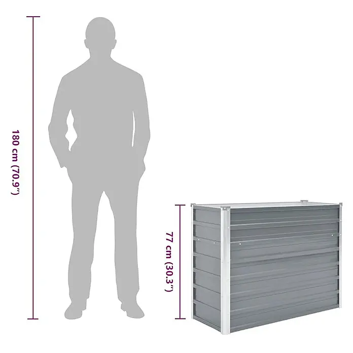 Furnicato Hochbeet - 100 x 40 x 77 cm, Stahl, Grau - Graues Metall-Hochbeet, 77 cm hoch, zum Größenvergleich neben einer 180 cm großen Person.