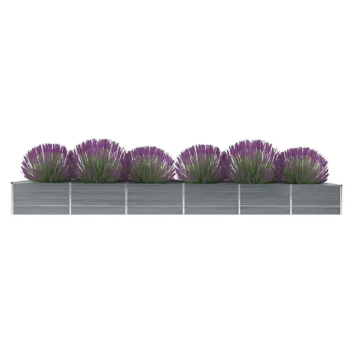 Furnicato Hochbeet - 480 x 80 x 45 cm, Stahl, Grau - Grauer, rechteckiger Pflanzkasten mit mehreren lila-grünen Kunstzierpflanzen.
