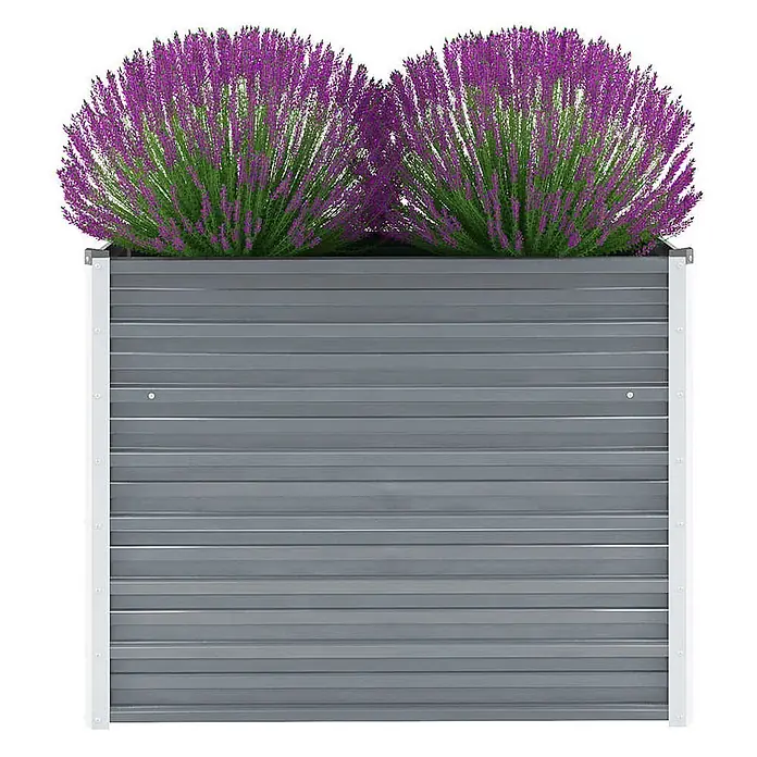 Furnicato Hochbeet - 100 x 40 x 77 cm, Stahl, Grau - Graues Hochbeet aus Wellblech, gefüllt mit leuchtend violetten Blumen.