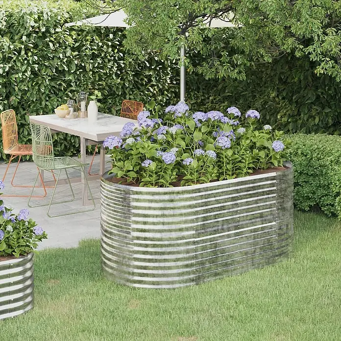 Furnicato Hochbeet - 152 x 80 x 68 cm, Stahl, Silber - Erhöhtes Gartenbeet aus verzinktem Stahl mit lila Hortensien.