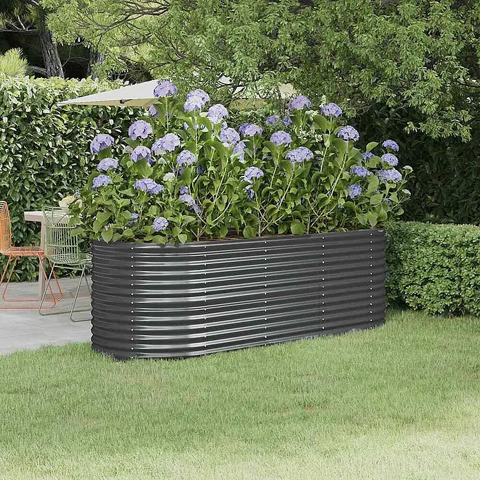 Furnicato Hochbeet - 80 x 224 x 68 cm, Stahl, Anthrazit - Großes anthrazitfarbenes Hochbeet aus Wellblech mit lila Hortensien im Garten.