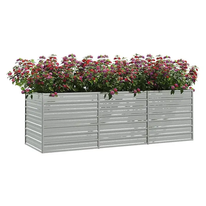 Furnicato Hochbeet - 240 x 80 x 77 cm, Stahl, Silber - Langes, graues Hochbeet aus Lamellenmetall, gefüllt mit bunten roten und violetten Blumen.
