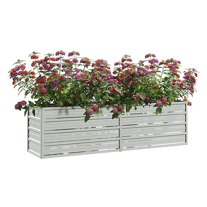 Furnicato Hochbeet - 160 x 40 x 45 cm, Stahl, Silber - Grauer Latten-Pflanzkasten, gefüllt mit leuchtend roten und lila Blumen.