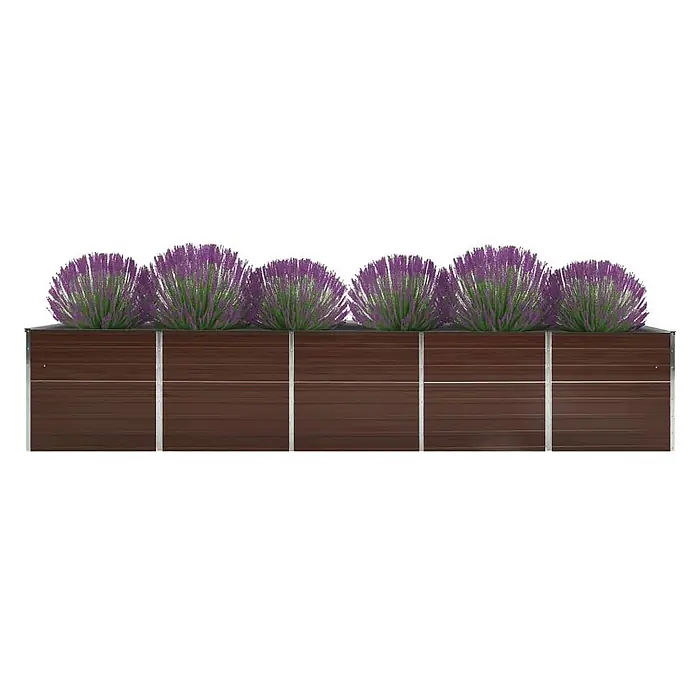 Furnicato Hochbeet verzinkter Stahl - 400 x 80 x 77 cm, Stahl, Braun - Braunes Hochbeet mit silbernem Metallrahmen, gefüllt mit lila Pflanzen.