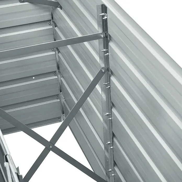 Furnicato Hochbeet - 40 x 240 x 77 cm, Stahl, Grau - Innenansicht eines Hochbeets mit Wellblechpaneelen aus verzinktem grauem Metall und robusten Metallstreben.