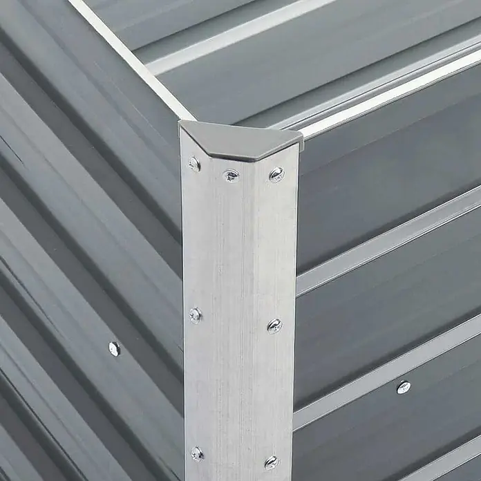 Furnicato Hochbeet - 40 x 240 x 77 cm, Stahl, Grau - Ecke eines grauen Hochbeets aus Wellblech mit Metalleckpfosten und grauer Kappe, mit Schrauben befestigt.