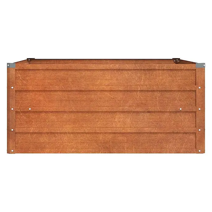 Furnicato Hochbeet - 100 x 100 x 45 cm, Stahl, Braun - Rotbraune Holzkistenwand mit horizontalen Brettern und Metalleckbeschlägen. Zeigt Gebrauchsspuren und Kratzer.