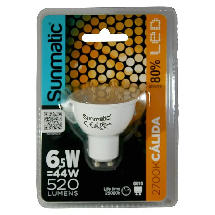 Sunmatic Bombilla LED - GU10, No regulable, Blanco cálido, 520 lm, 6,5 W - Embalaje del producto de una bombilla LED Sunmatic de 6,5W, 520 lúmenes y color de luz cálida. Tecnología LED eficiente y larga vida útil.