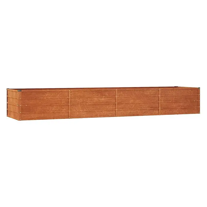 Furnicato Hochbeet - 320 x 80 x 45 cm, Stahl, Braun - Langer, rechteckiger brauner Holz-Pflanzkasten mit Planken und dunklen Metalleckverstärkungen.