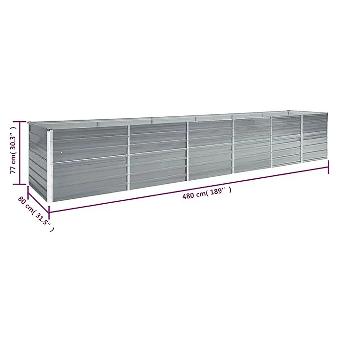 Furnicato Hochbeet - 480 x 80 x 77 cm, Stahl, Grau - Langes, silbernes Hochbeet aus Metall mit sichtbaren Maßen: 480 cm (Länge), 80 cm (Breite), 77 cm (Höhe).