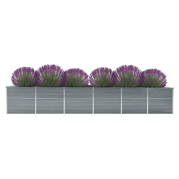 Furnicato Hochbeet - 480 x 80 x 77 cm, Stahl, Grau - Langes graues Metall-Pflanzgefäß mit lebhaften lila und grünen Kunstpflanzen.