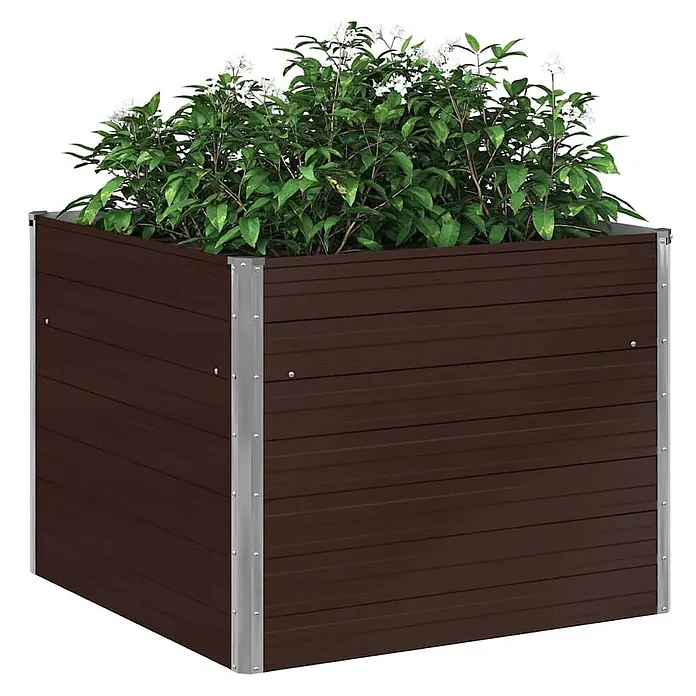 Furnicato Hochbeet verzinkter Stahl - 100 x 100 x 77 cm, Stahl, Braun - Quadratisches braunes Hochbeet mit Lamellenoptik und silbernen Eckstützen, gefüllt mit grünen Pflanzen.