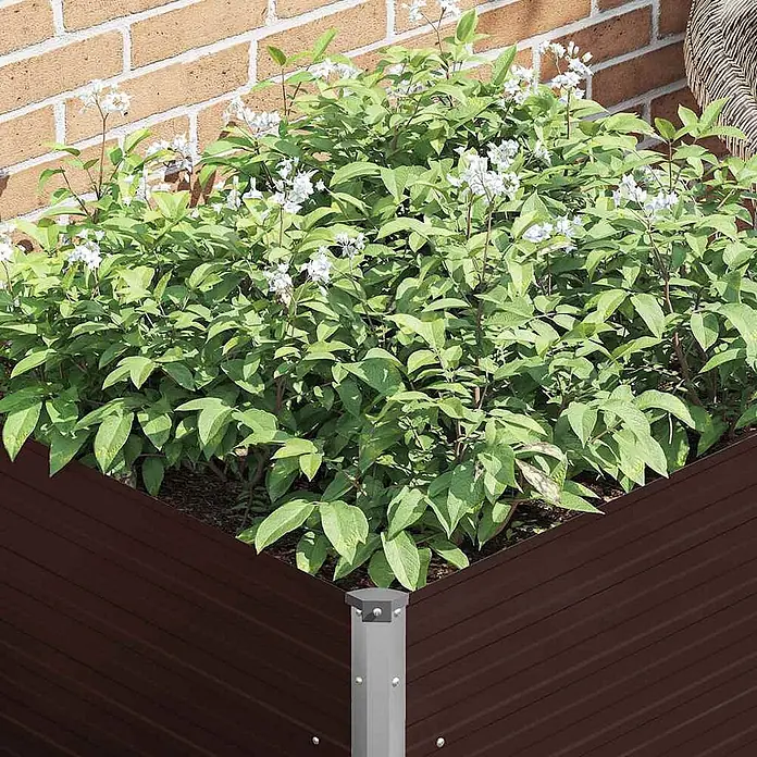 Furnicato Hochbeet verzinkter Stahl - 100 x 100 x 77 cm, Stahl, Braun - Braunes Hochbeet aus Metall mit grünen Pflanzen und weißen Blüten vor einer Ziegelwand.