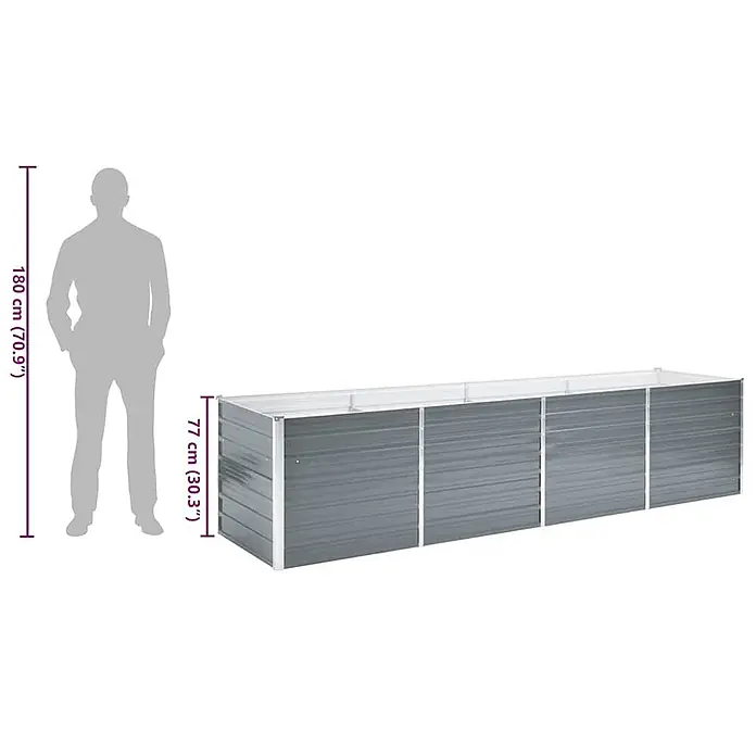 Furnicato Hochbeet - 320 x 80 x 77 cm, Stahl, Grau - Langes graues Hochbeet aus Wellblech, 77 cm hoch, mit menschlicher Silhouette zum Größenvergleich.