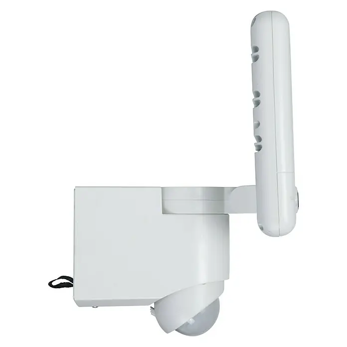 Lutec Proyector LED Esa con sensor y cámara - 25 W, L x An x Al: 19,3 x 20 x 26,8 cm, Blanco, Blanco frío - Primer plano de una luz de seguridad blanca con sensor de movimiento y forma alargada para uso exterior.