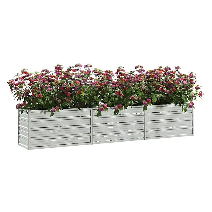 Furnicato Hochbeet - 40 x 240 x 45 cm, Stahl, Silber - Langer, hellgrauer Lamellen-Pflanzkasten gefüllt mit leuchtend rosa, roten und violetten Blütenpflanzen.