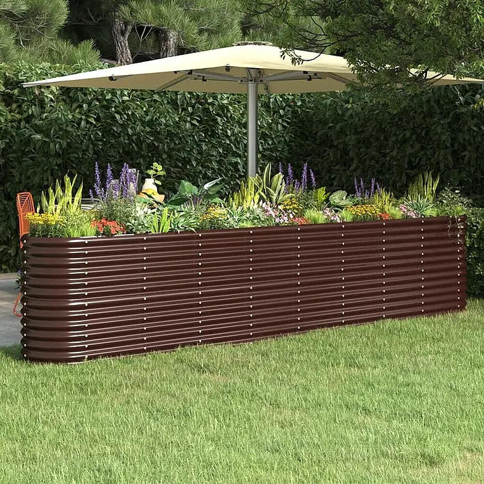 Furnicato Hochbeet - 332 x 40 x 68 cm, Stahl, Braun - Langes, dunkelbraunes Hochbeet aus Wellblech mit bunten Pflanzen und Blumen.