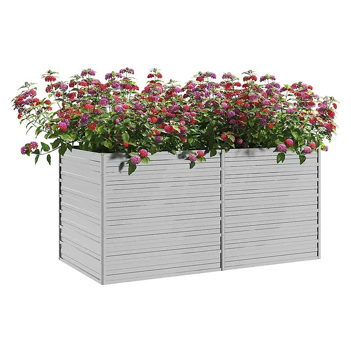 Furnicato Hochbeet - 80 x 160 x 77 cm, Stahl, Silber - Graues Latten-Pflanzgefäß, gefüllt mit leuchtenden rosa und roten Blumen.
