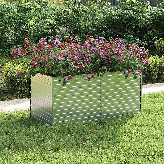 Furnicato Hochbeet - 80 x 160 x 77 cm, Stahl, Silber - Hochbeet aus verzinktem Stahl, gefüllt mit leuchtend roten und violetten Blumen.