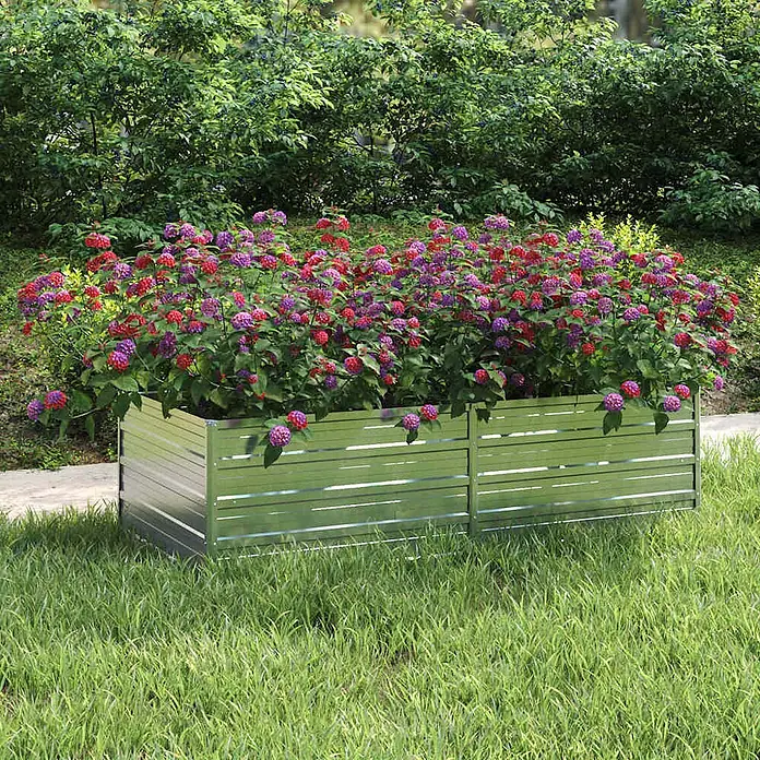 Furnicato Hochbeet - 160 x 80 x 45 cm, Stahl, Silber - Zweiteiliges, rechteckiges Hochbeet aus verzinktem Metall, gefüllt mit leuchtend roten und violetten Blumen.