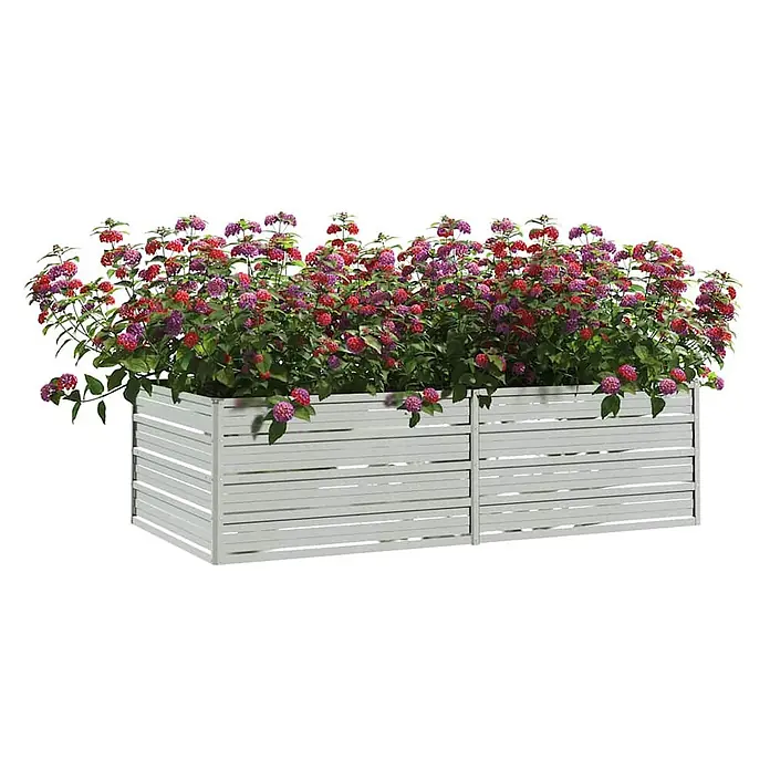Furnicato Hochbeet - 160 x 80 x 45 cm, Stahl, Silber - Helles graues Lamellen-Hochbeet aus Metall, gefüllt mit bunten roten und lila Blumen.