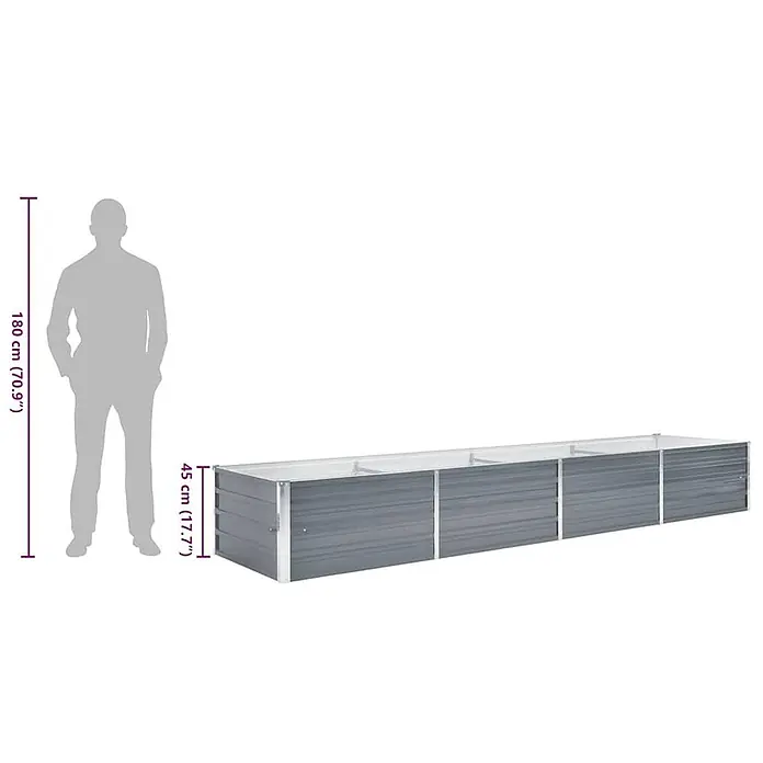 Furnicato Hochbeet - 320 x 80 x 45 cm, Stahl, Grau - Langes, rechteckiges Hochbeet aus grauem Metall, neben einer Person zur Größenreferenz, Höhe 45 cm (17,7").