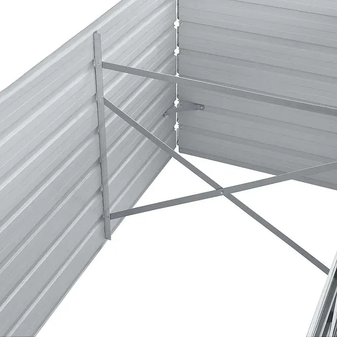 Furnicato Hochbeet - 320 x 80 x 45 cm, Stahl, Grau - Innenansicht eines grauen Metallschuppens mit Wellblechwänden und tragenden Streben.
