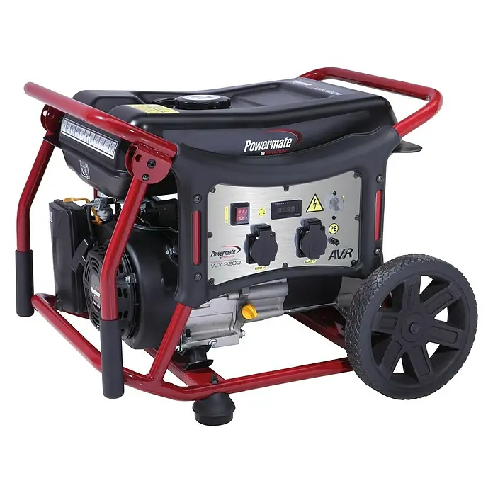 Pramac Generador WX3200 - 2,45 kW, Volumen del depósito: 17 l - Generador portátil Powermate WX3200 con marco rojo, ideal para uso en exteriores.