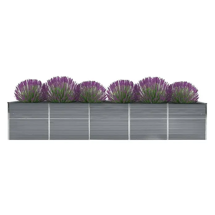 Furnicato Hochbeet - 400 x 80 x 45 cm, Stahl, Grau - Graues Hochbeet aus Metall mit lila blühenden Pflanzen.