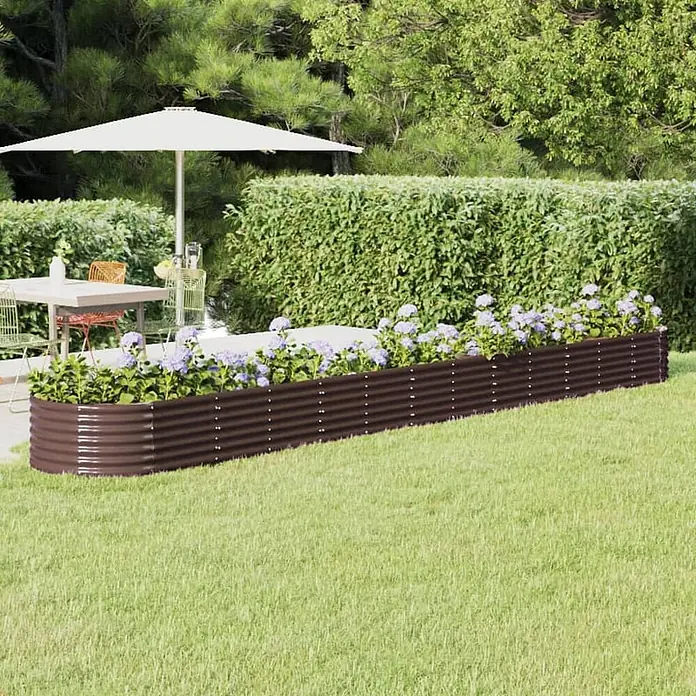 Furnicato Hochbeet - 512 x 80 x 36 cm, Stahl, Braun - Langes braunes Hochbeet aus Wellblech mit lila Blumen.