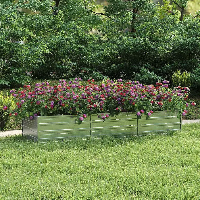 Furnicato Hochbeet - 240 x 80 x 45 cm, Stahl, Silber - Wellblech-Hochbeet aus verzinktem Stahl, gefüllt mit bunten Blumen.