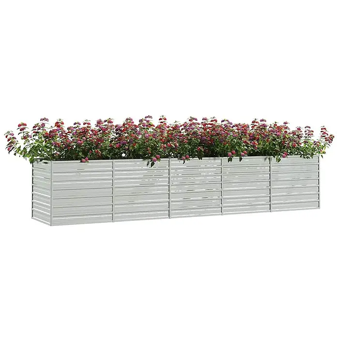 Furnicato Hochbeet - 400 x 80 x 77 cm, Stahl, Silber - Großer, rechteckiger hellgrauer Latten-Pflanzkasten mit rosa und lila Blütenpflanzen.
