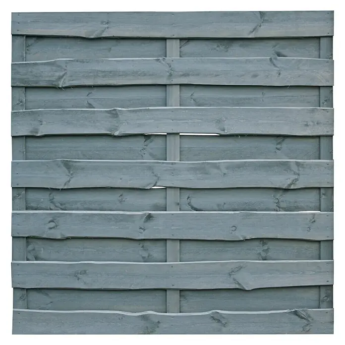 Sichtschutzelement Nevada - 179 x 179 cm, Grau - Nahaufnahme eines modernen, horizontalen Holzzauns in Graublau, der Privatsphäre und eine stilvolle Grundstücksbegrenzung bietet.
