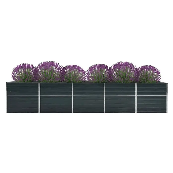 Furnicato Hochbeet - 400 x 80 x 77 cm, Stahl, Anthrazit - Dunkelgraues Hochbeet aus Metall mit fünf Segmenten, bepflanzt mit lila und grünen lavendelartigen Pflanzen.